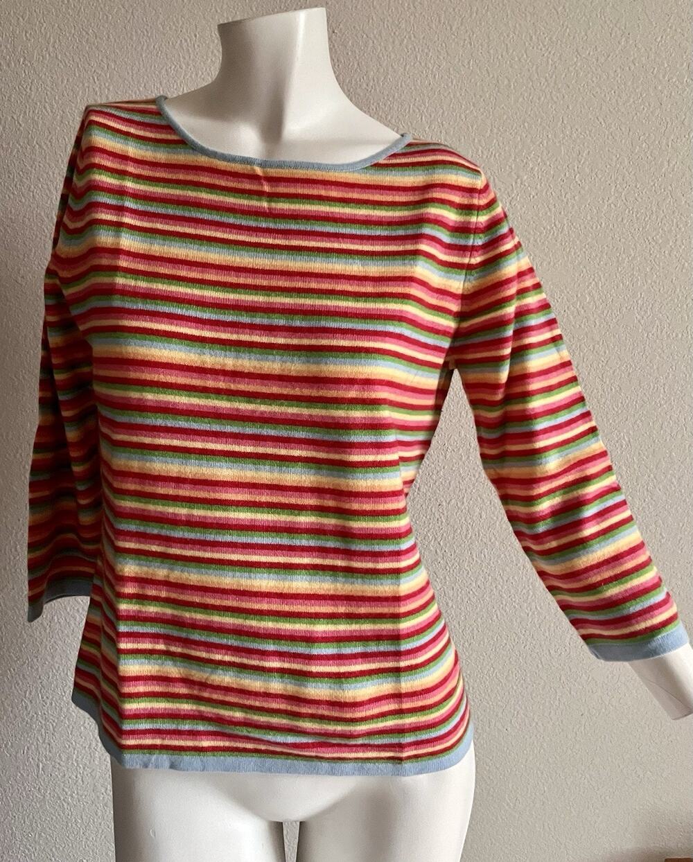 Lands' End 100% Cashmere Rainbow Stripe Boat Neck Sweater Women's Medium NWOT
